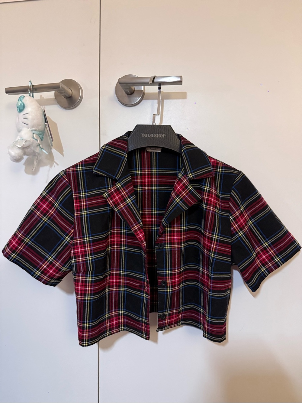 Brandy Melville Red Plaid Cropped Button-Up Shirt